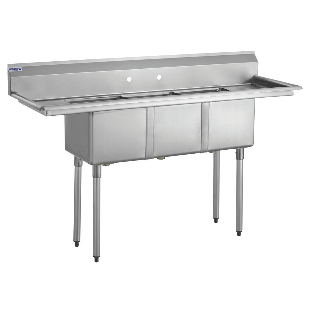 Kratos 16 Gauge Stainless Steel 3 Compartment Sink With 2 Drainboards