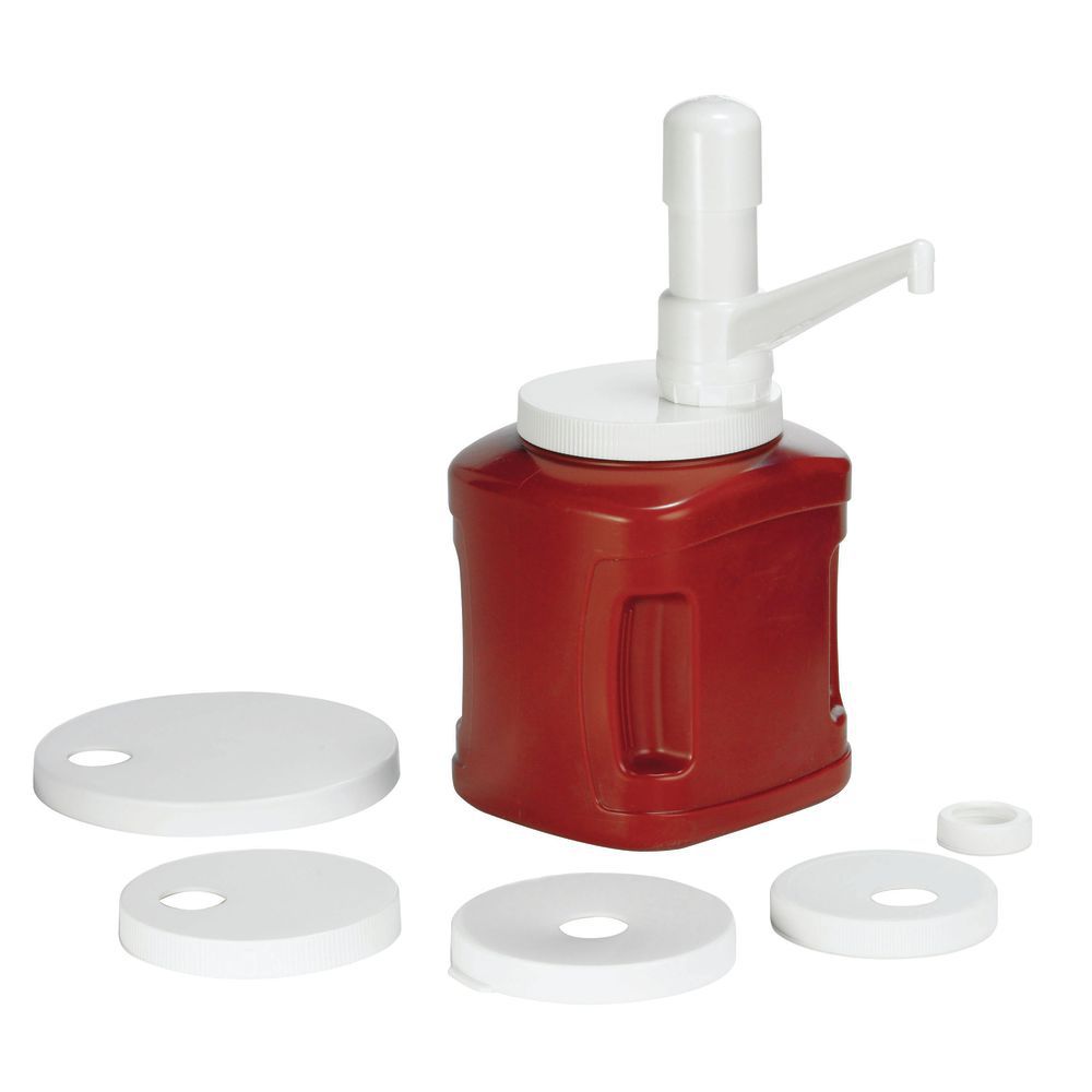 Steril-Sil 30 oz. 3-Compartment Stainless Steel Condiment Dispenser Kit  with Red Cylinders and Dome Top Pump Lids