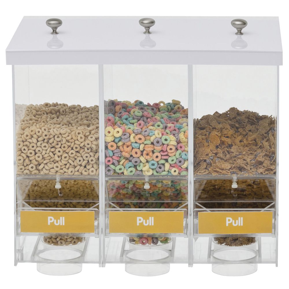 Silver Satin Cereal Dispenser 3 Compartment With White Lids