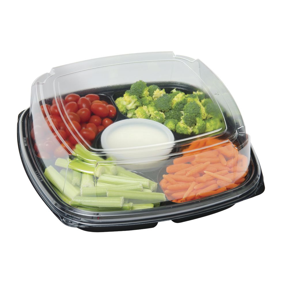 Fresh &#39;n Clear&trade; 4-Compartment Party Trays 16 3/8" Sq Black 50/Cs