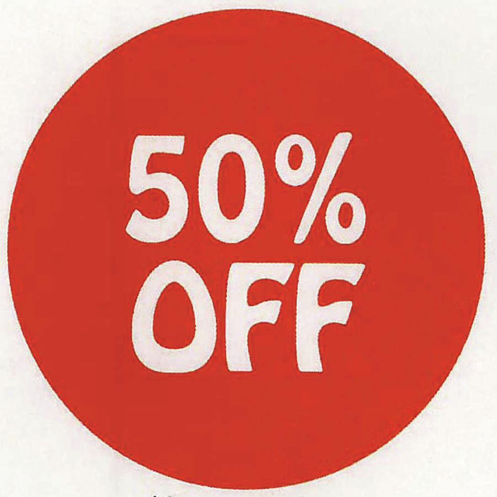 Red 50% Off Price Tag Labels White Imprint - 3/4Dia