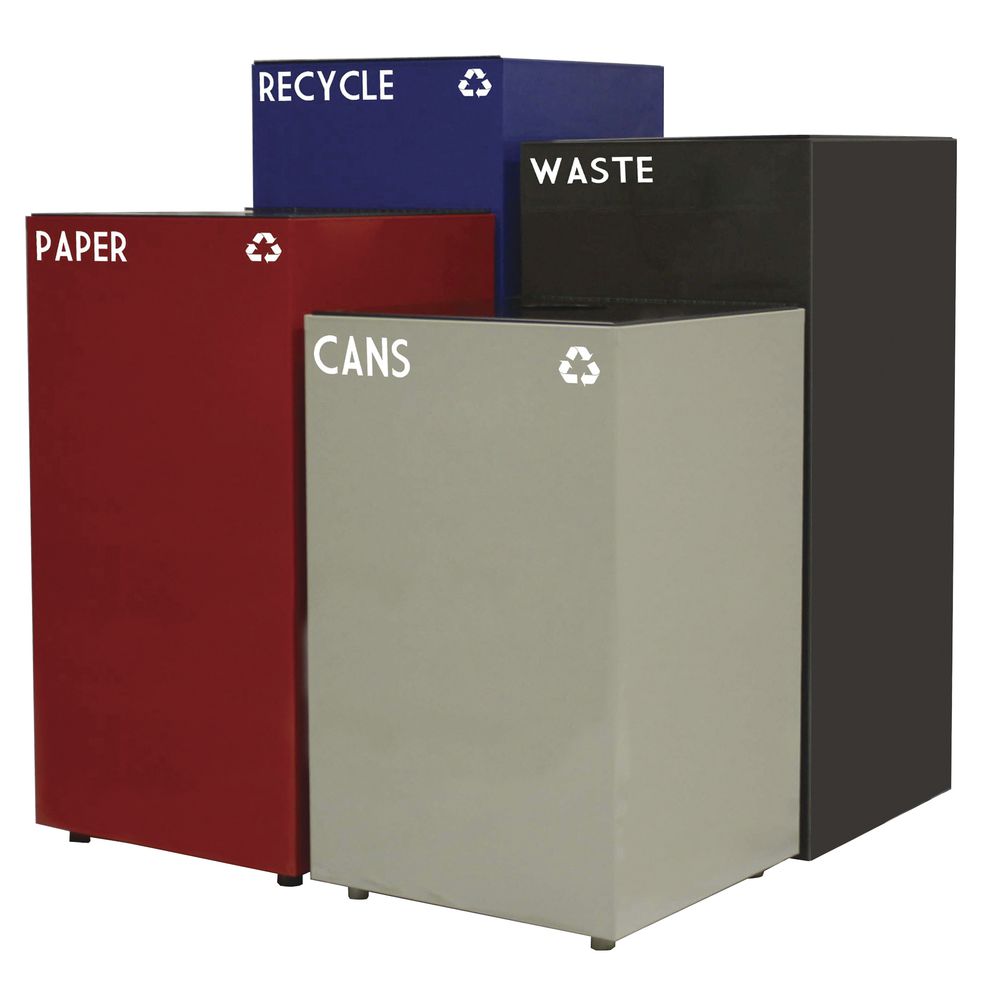 HUBERT&#174; Recycling Bin with Combo Opening Red 28 Gal|Hubert Squared Recycle Bin 28 Gal Combo Opening 15" D x 15" W x 28" H Steel Red