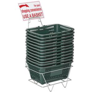 10 Wire Shopping Baskets Green Handles & Mobile Stand 