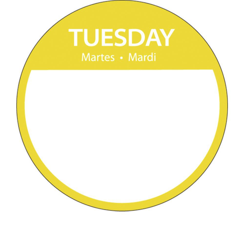 Tri-Lingual Day Of The Week Labels Yellow Tuesday 3"Dia