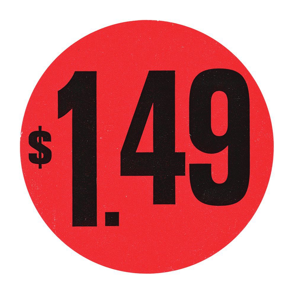 LABEL, RED FLR, $1.49, 1 1/2" DIA.