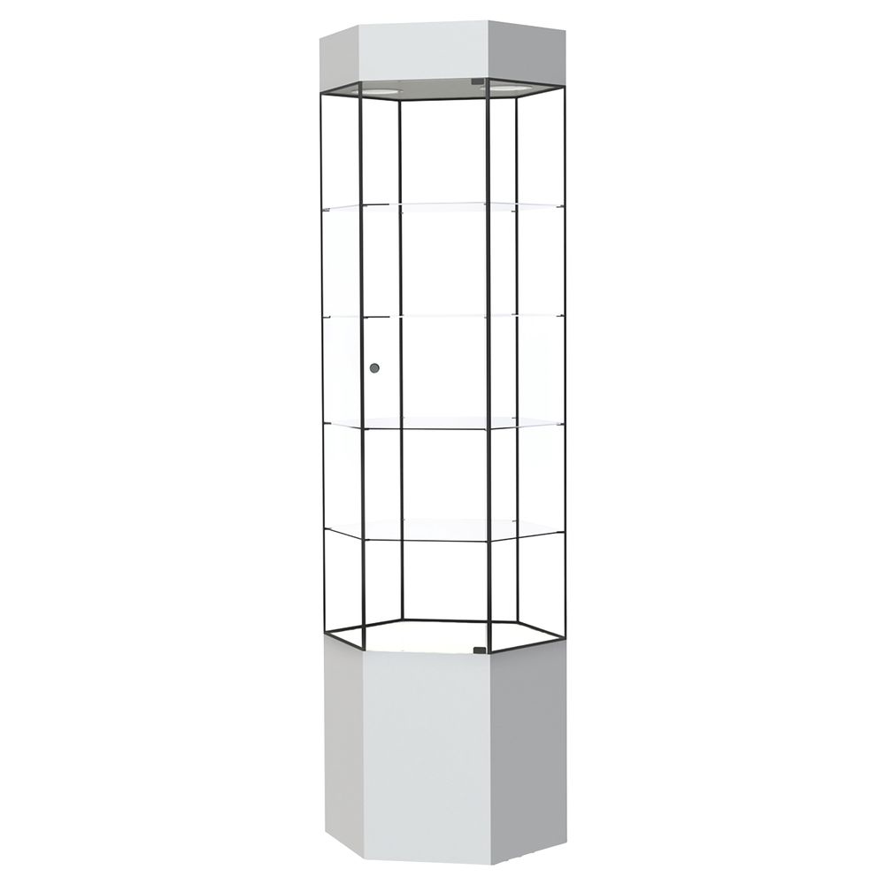 White Hex Retail Glass Display Tower With Black Frame