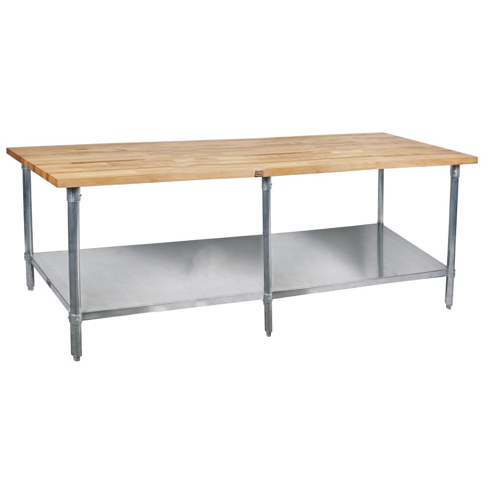 TABLE, MAPLE, S/S W/SHELF 120X36, 6 LEGS