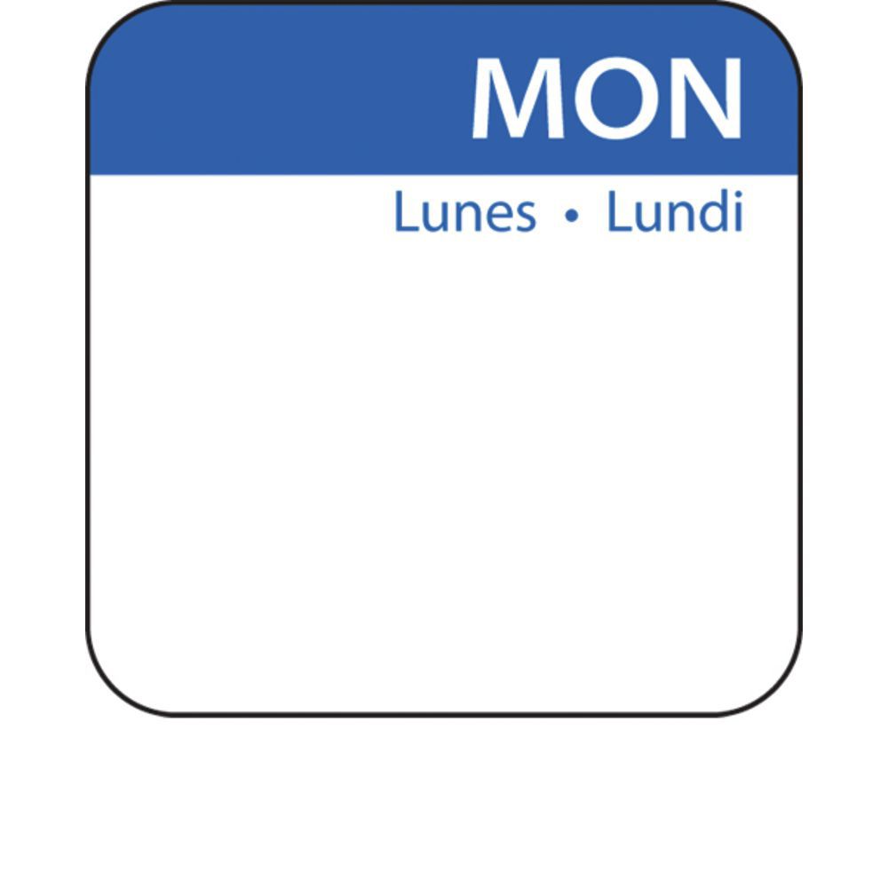 Tri-Lingual Dissolvable Rotation Labels Blue Monday 1"L x 1"H