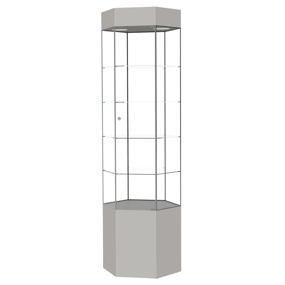 Grey Hex Retail Glass Display Tower With Brushed Aluminum Frame