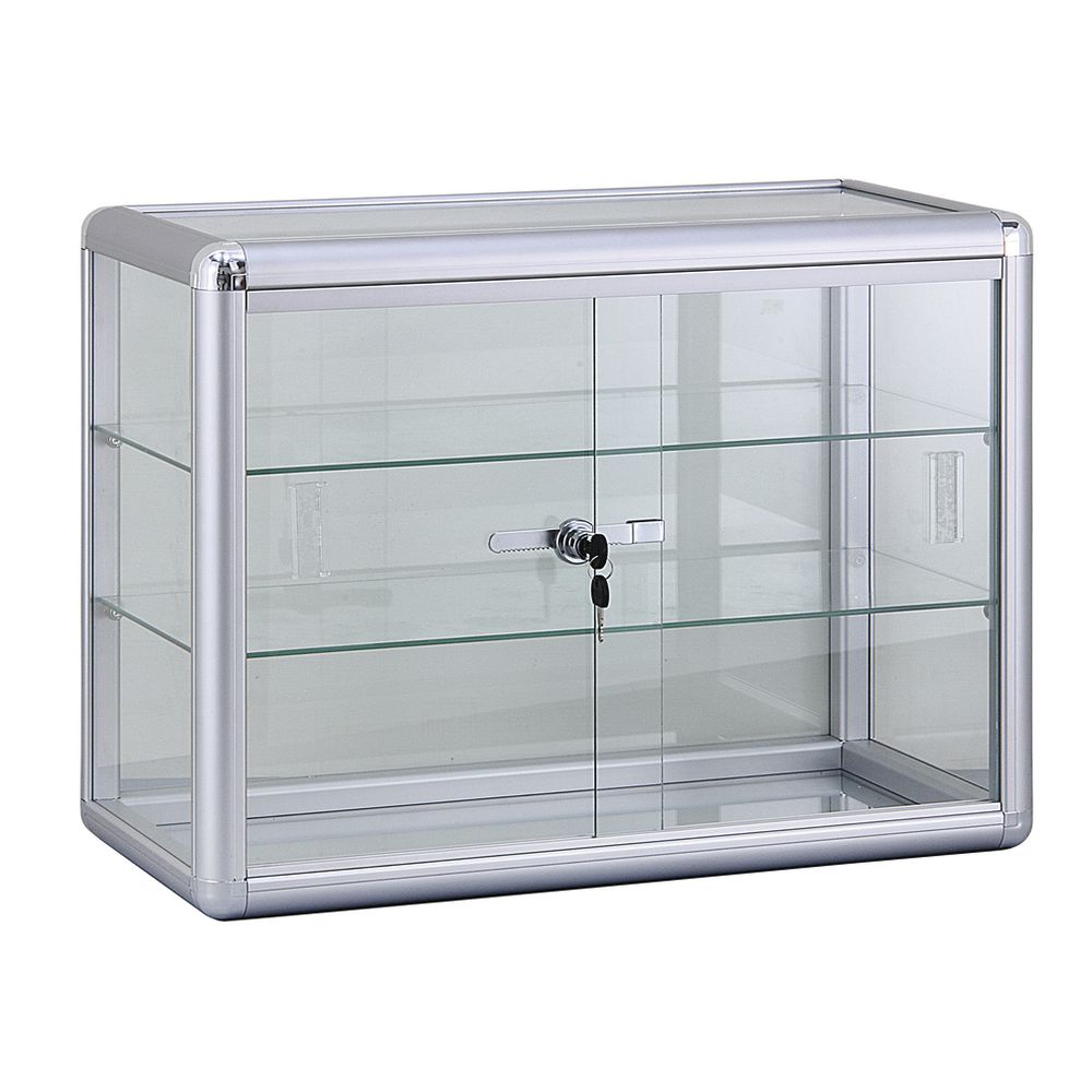 2 Shelf Aluminum Frame Glass Countertop Showcase