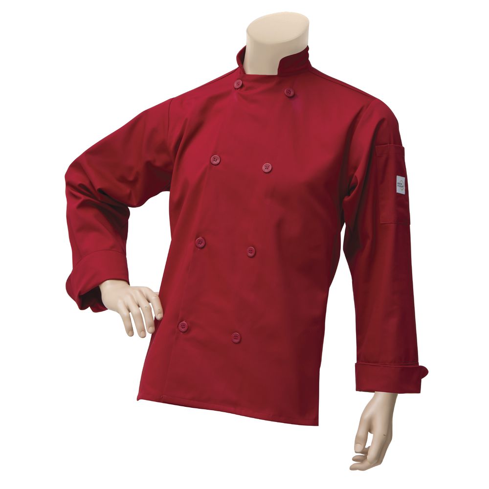 Mercer Culinary Millennia™ Red Poly Cotton Unisex Chef Coat Medium