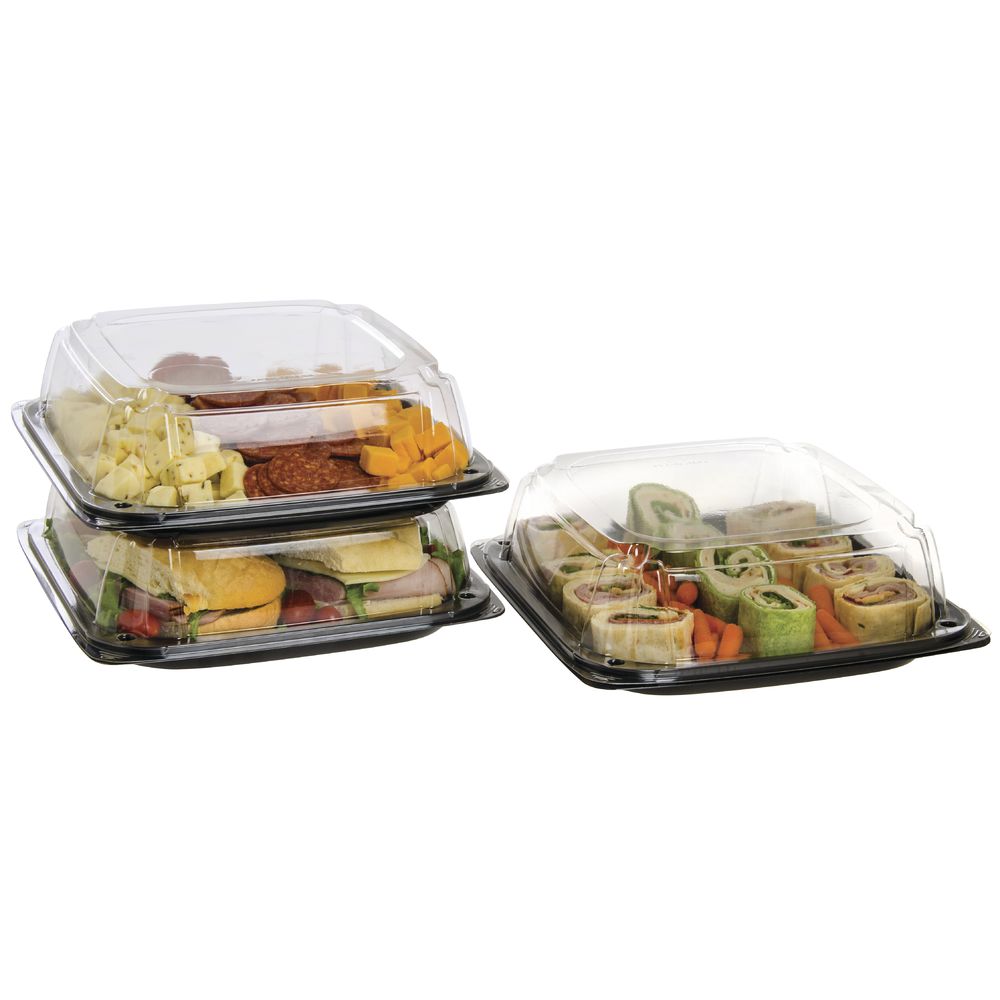 Ultra Stack Plastic Party Platters Black Base Clear Lid Combo 14"L x 14"W x 4"H