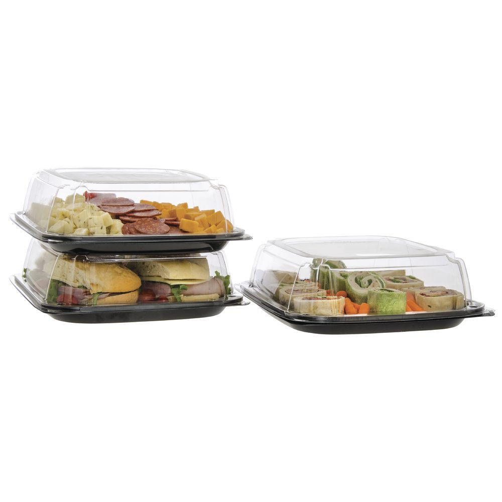 Ultra Stack Plastic Party Platters Black Base Clear Lid Combo 14"L x 14"W x 4"H