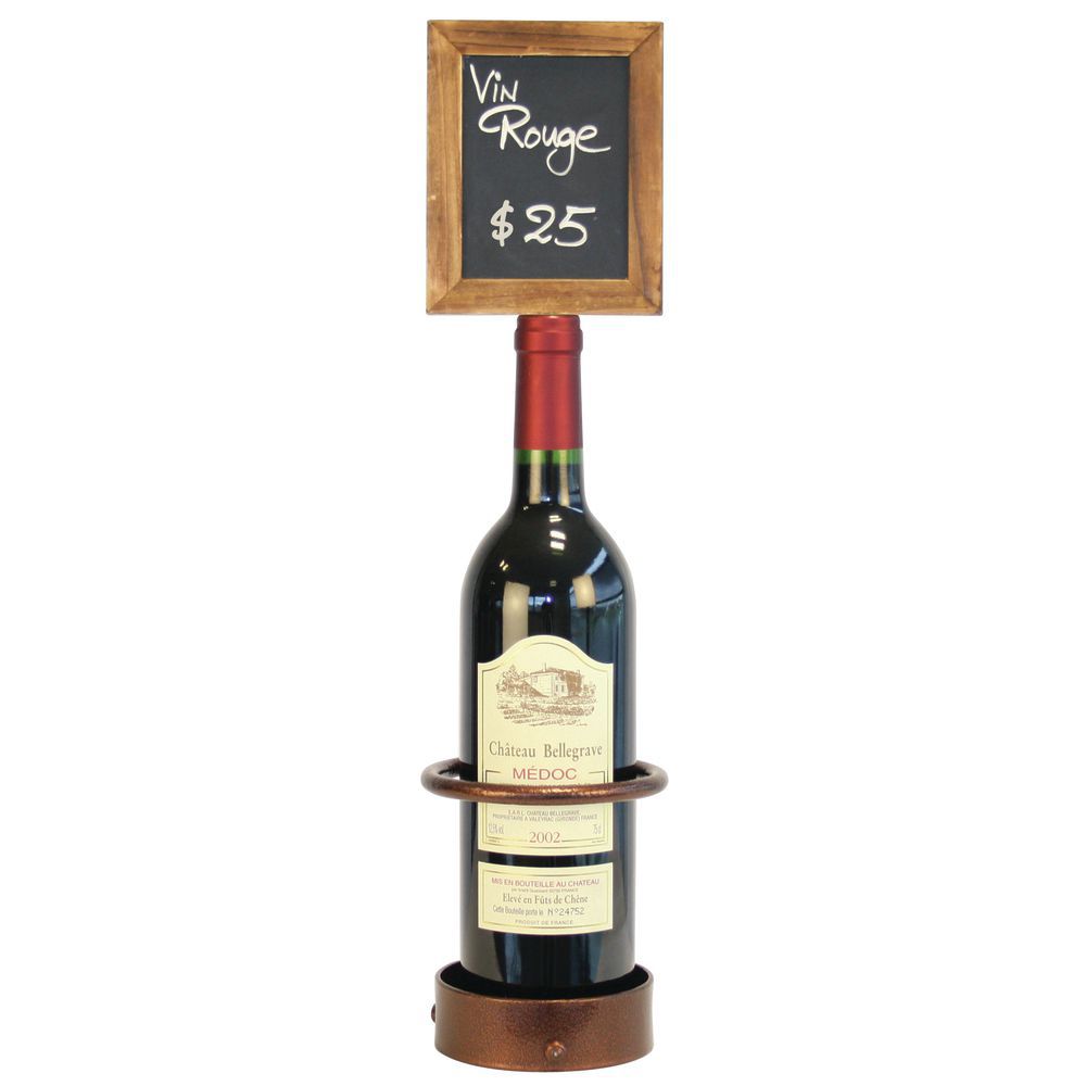 Single Espresso Metal Wine Bottle Stand With Chalkboard Sign 5"Dia x 19"H