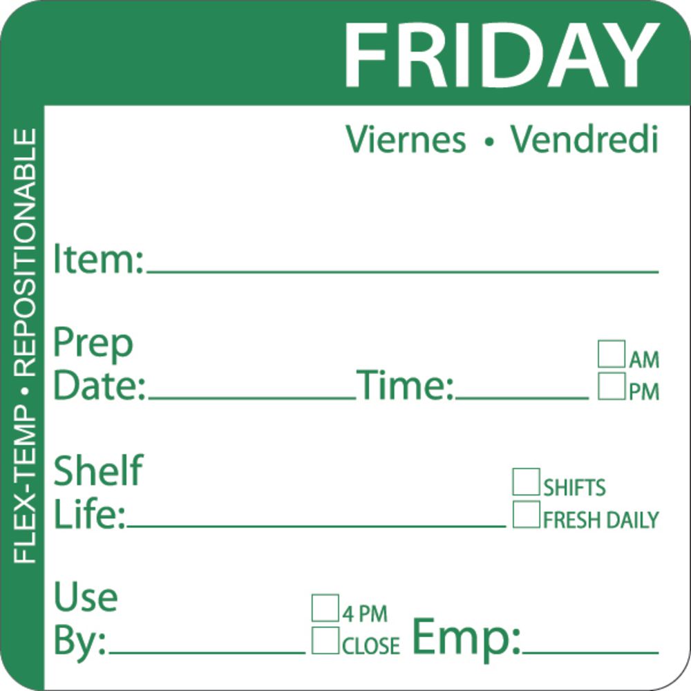 Hubert Flex-Temp Repositional Day Of The Week Labels Green Friday 2" Square