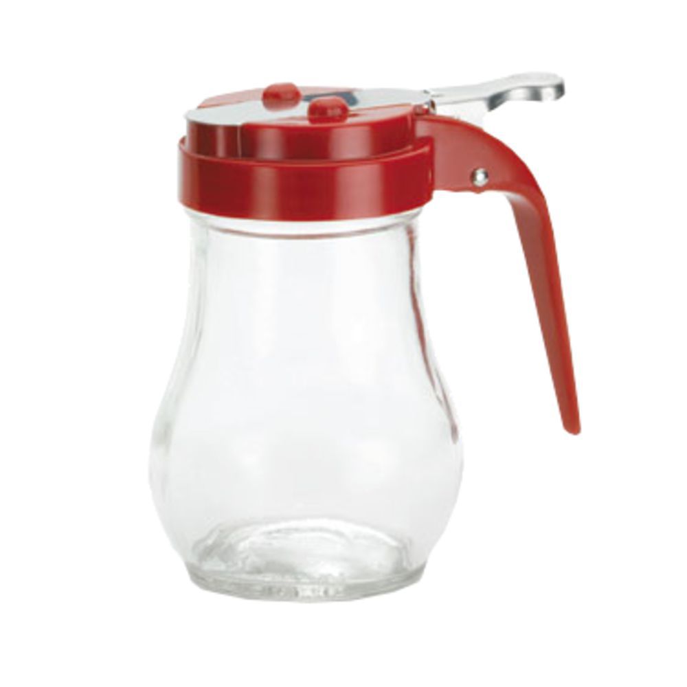 Tablecraft 12 oz Modern Glass Syrup Dispenser, Red ABS Top 12 per case