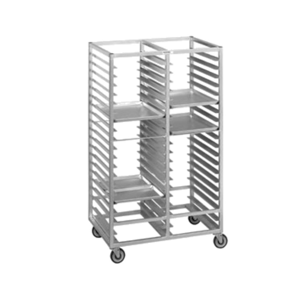 Channel Manufacturing Inc Cafeteria Tray Rack, mobile, 41W x 26D x 70H,  double section, side load, 6 spacing, capacity (20) 18 x 26 trays,  aluminum construction, 5 bolted non-marking polyurethane swivel plate  casters, NSF