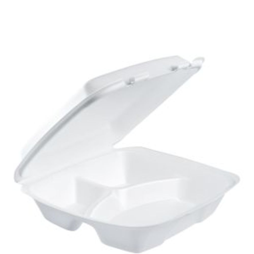 thumbnail image 2 of Dart 85HT3R Foam Hinged Lid Container - 3 Compartment, Case Of 200 2 of 13
