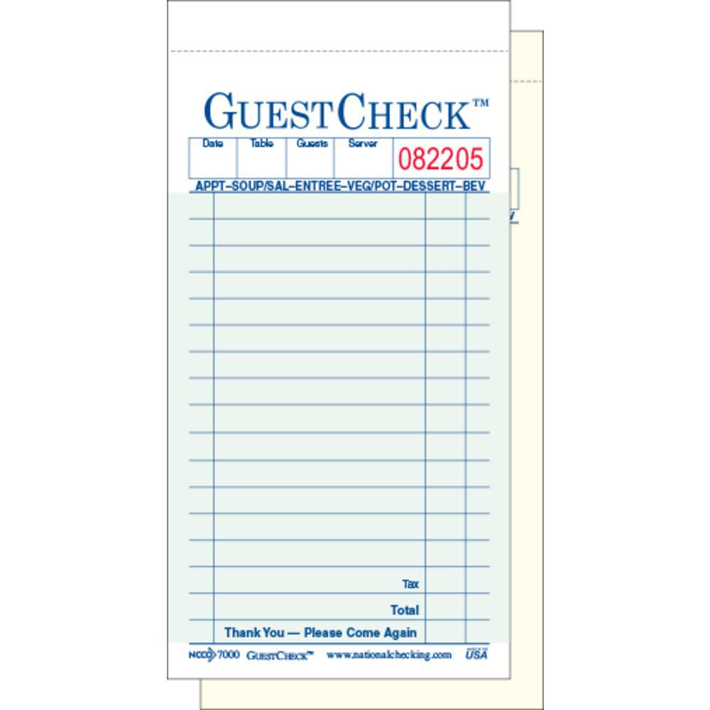 National Checkin Duplicate Carbonless Guest Check 3.50" x 6.75" Green