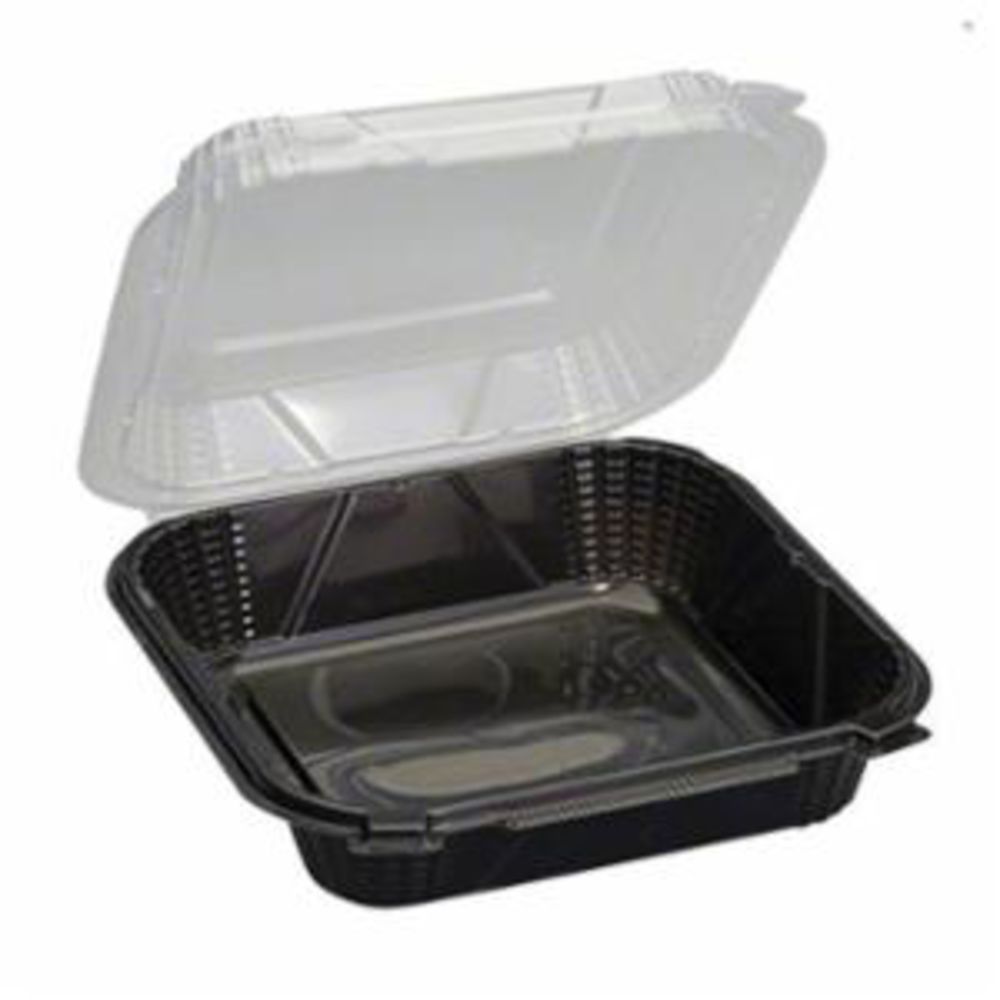 Ecosystems 9.25 x 9 x 3 BLACK BASE /CLEAR LID HINGED FOOD CONTAINER -  Manufacturer item#PV-200 - 150 per case