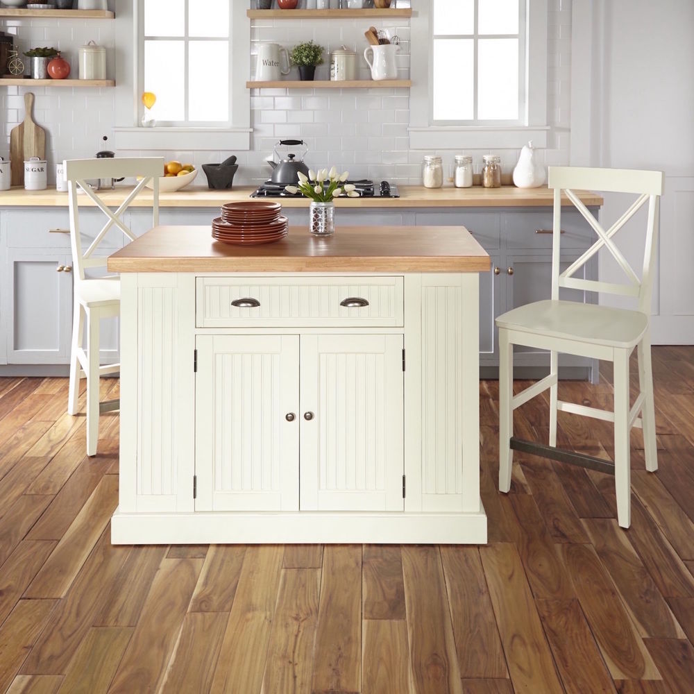 Homestyles Nantucket Solid Wood Top Kitchen Island 2 Counter Stools