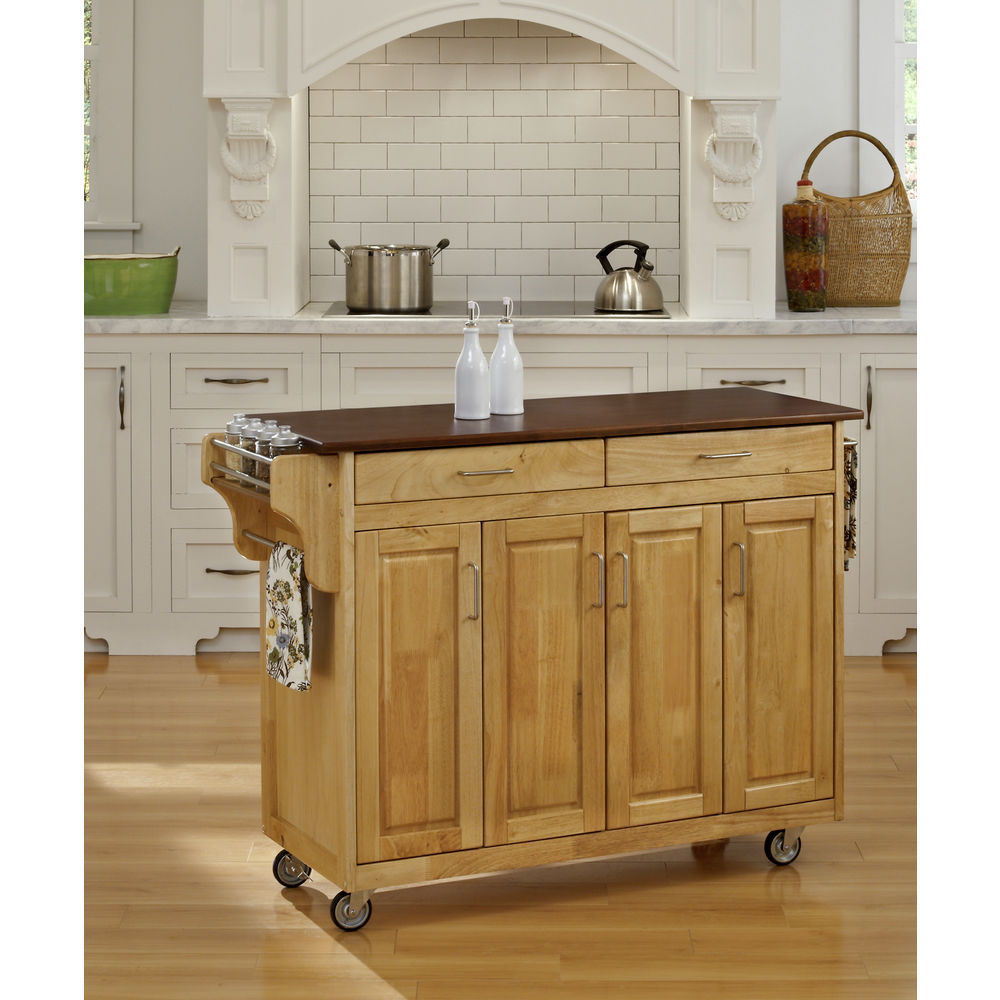 Homestyles 2 Drawer Natural Breakfast Bar Kitchen Cart with Wood Top