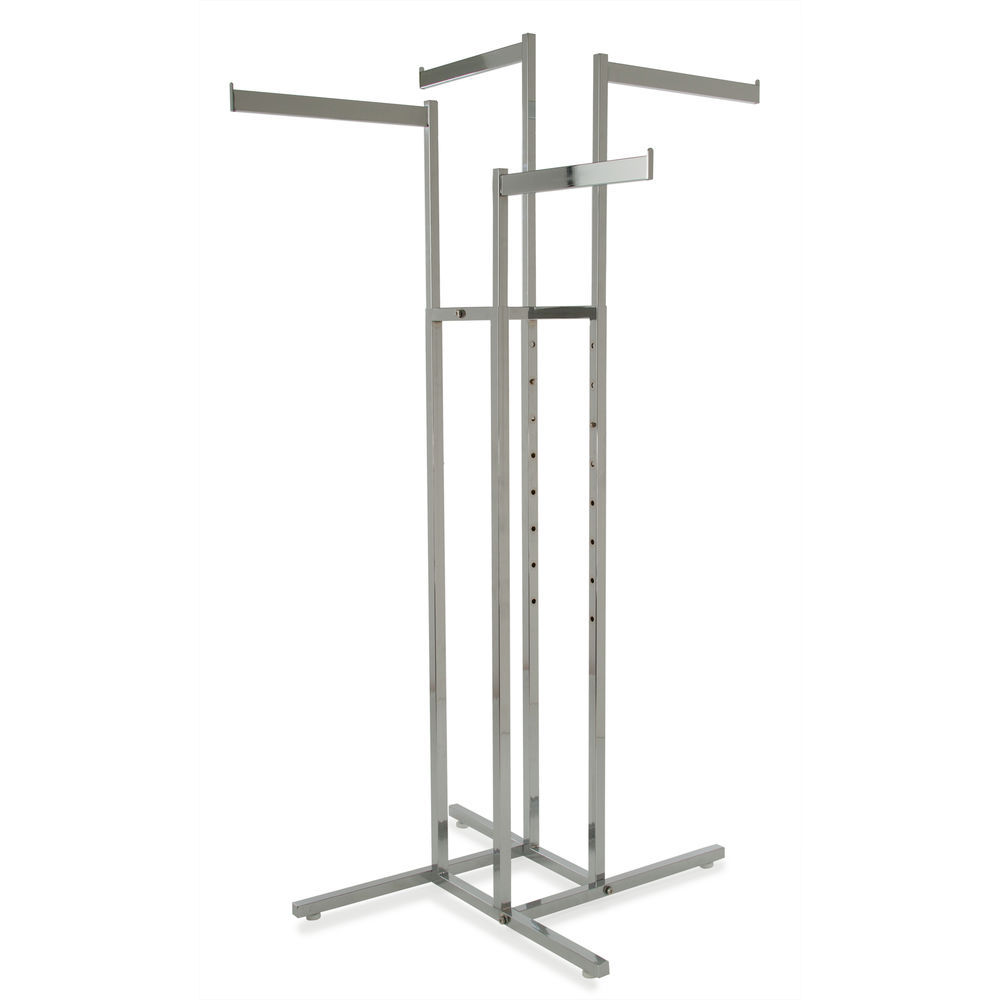 Econoco Clothing Rack Chrome 4 Way Rack, Adjustable Height Blade Arms,  Square Tubing, Perfect for Clothing Store Display With 4 Straight Arms