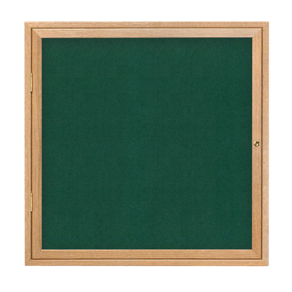 United Visual Products 24 x 36 Single Door Indoor Enclosed Easy Tack Board-Green  backing board- Light Oak wood frame