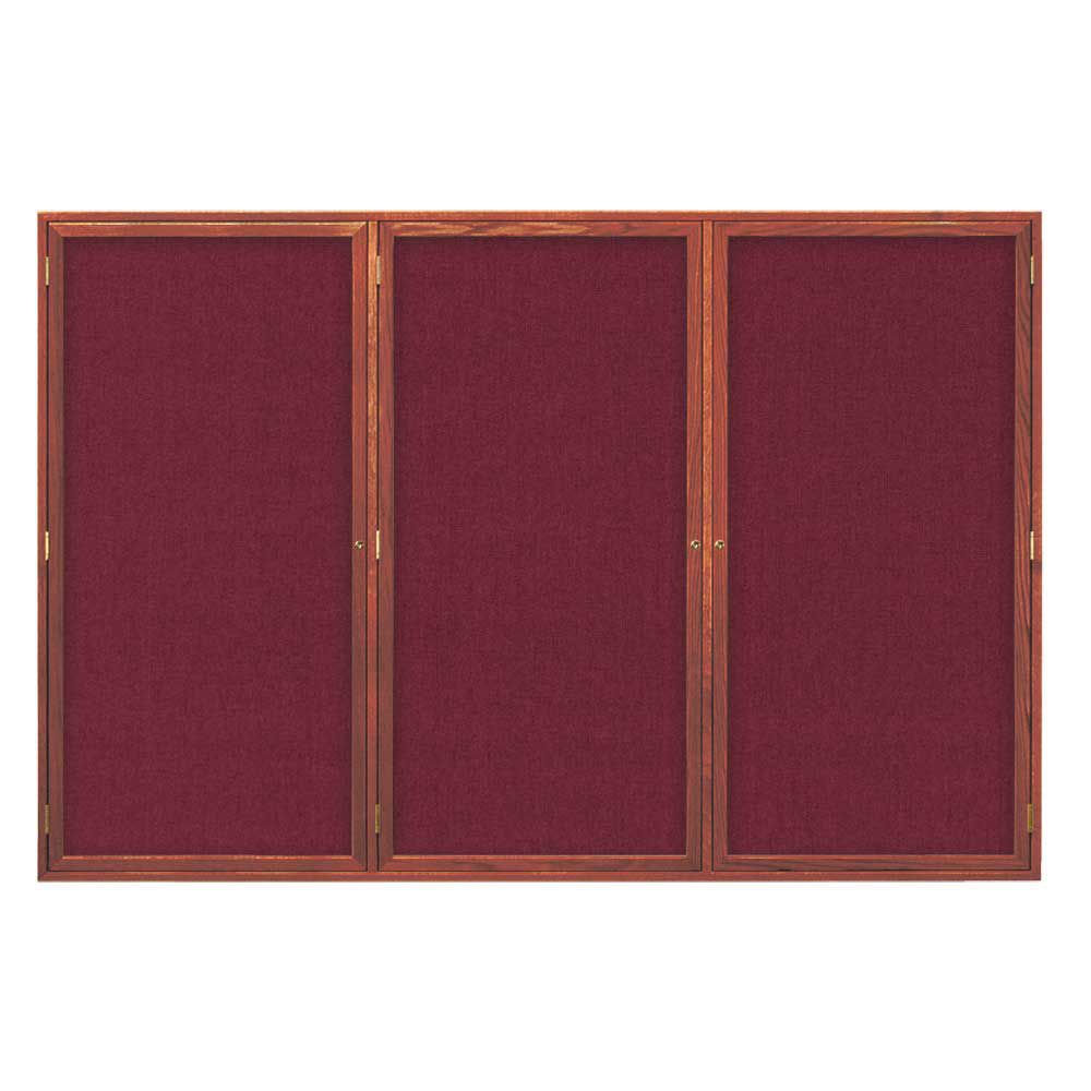 United Visual Products 72 X 48 Triple Wood Enclosed Corkboard Deep Burgundy Fabric Backing Board Cherry Wood Stain Frame