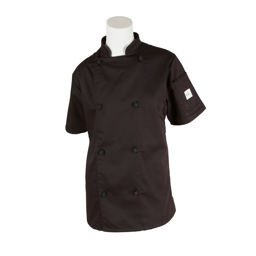 Mercer Culinary M61042BKL Genesis Womens Short Sleeve Chef Jacket with Cloth Knot Buttons Large Black