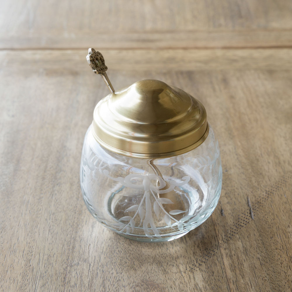 Park Hill Antique Brass and Etched Glass Jam Jar with Spoon