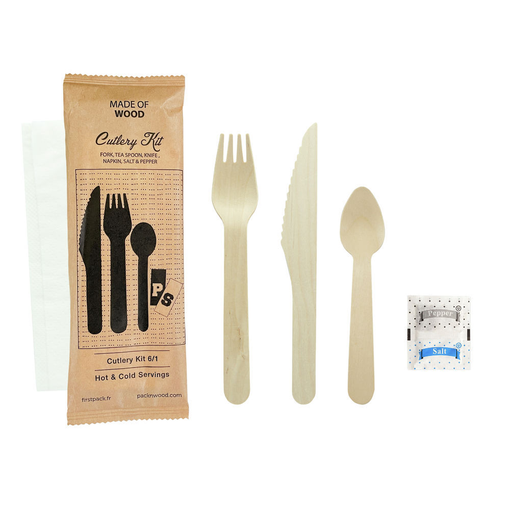Clear First Class Kit 6/1 (Knife, Fork, Spoon, Napkin + Salt & Pepper) 7.87 x 1.96in - 50 Pcs