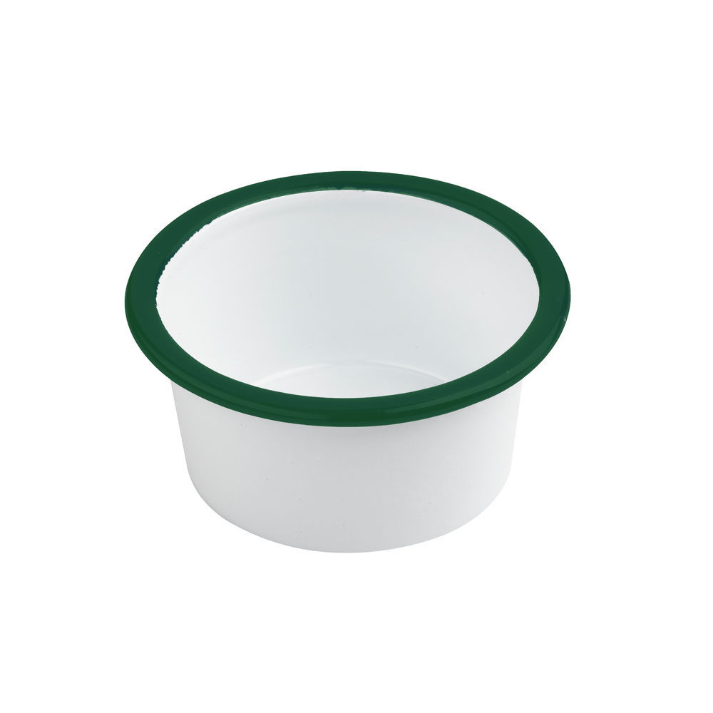 Enamel reusable deep bowl straight side white w/green rim 10oz D