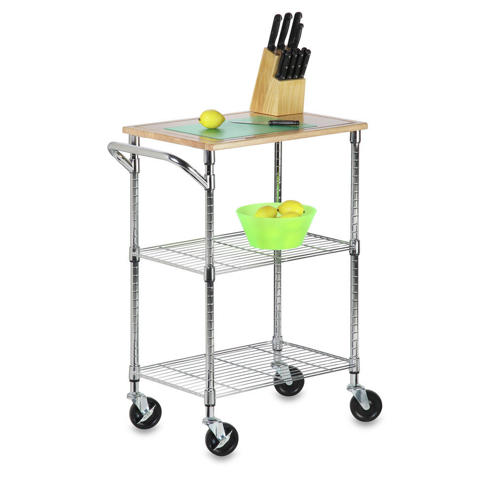 HoneyCanDo Rolling Kitchen Cart with Cutting Board, Chrome/Wood