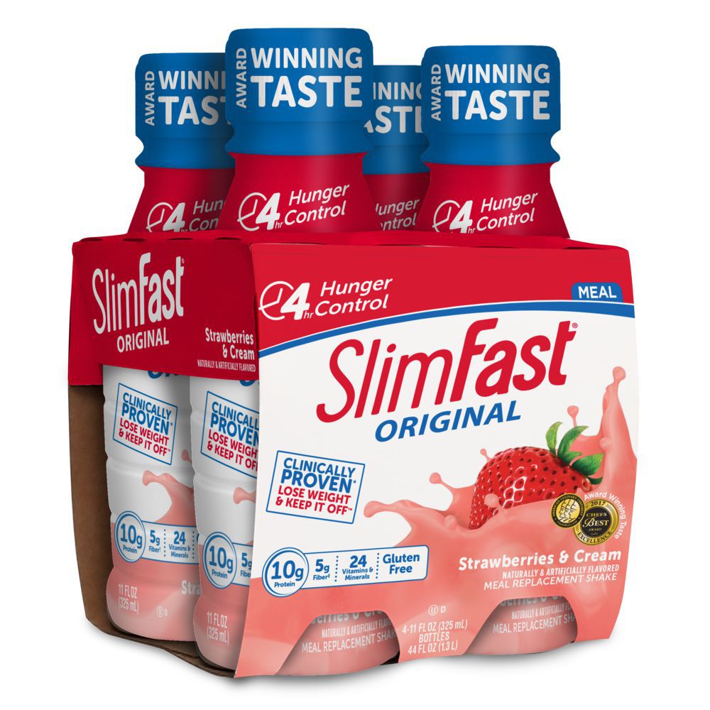 SlimFast Meal Replacement Shake, Original Strawberries & Cream, 10g of Ready to Drink Protein for Weight Loss, 11 Fl. Oz Bottle, 4 Count (Packaging May Vary)