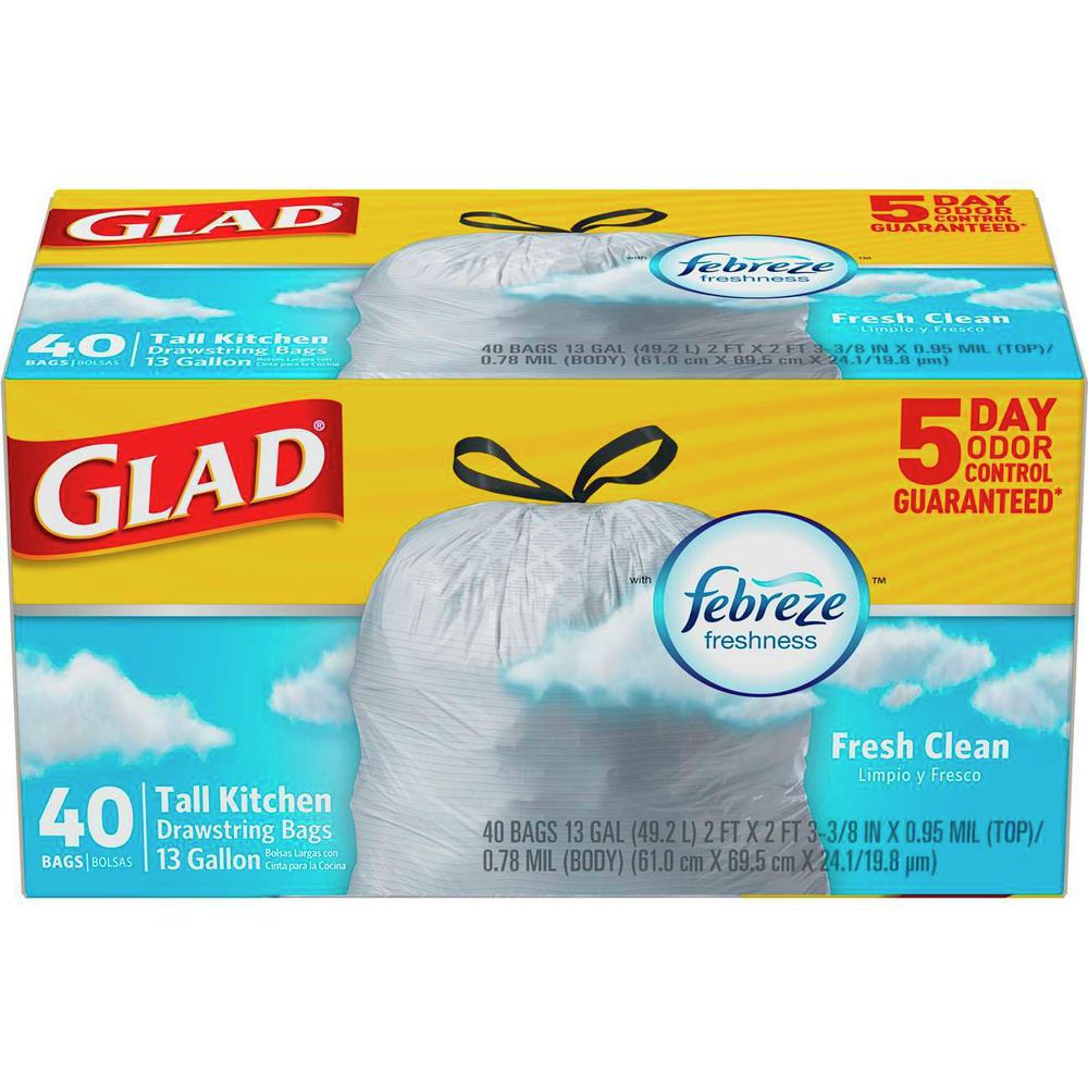Glad ForceFlex Tall Kitchen Drawstring Trash Bags, Fresh Clean, 13 Gal, 40  CT