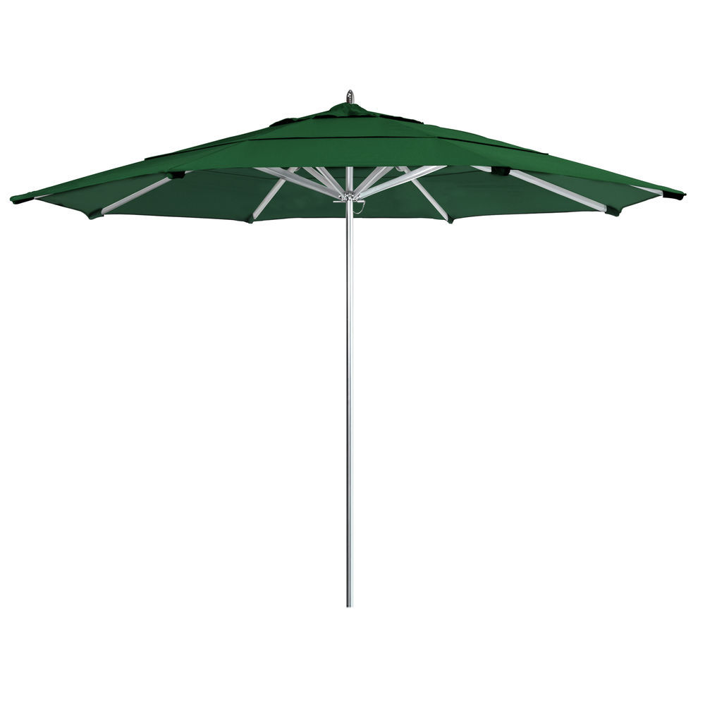 California Umbrella 11 Ft Commercial Grade Patio Umbrella Silver Frame Sunbrella Forest Green Fabric