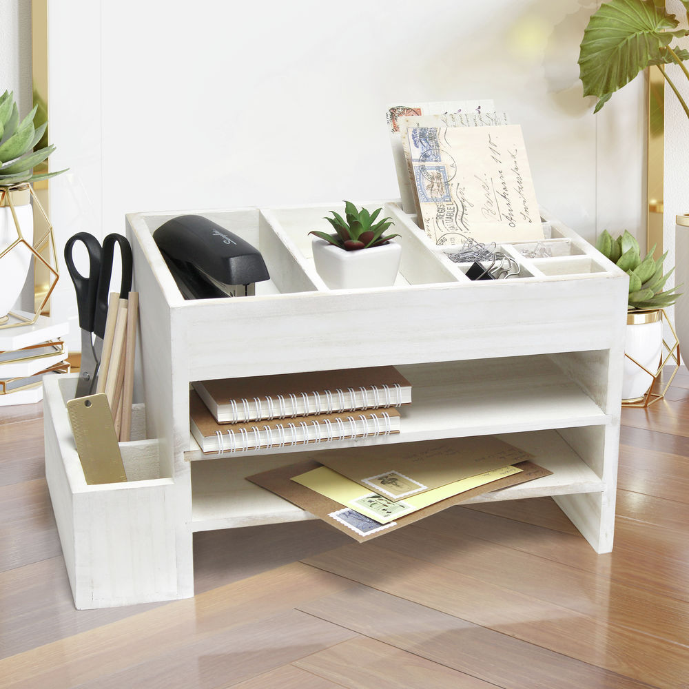 Elegant Designs Homewood Farmhouse Wooden Decorative Envelope Shaped Desktop Letter Holder White