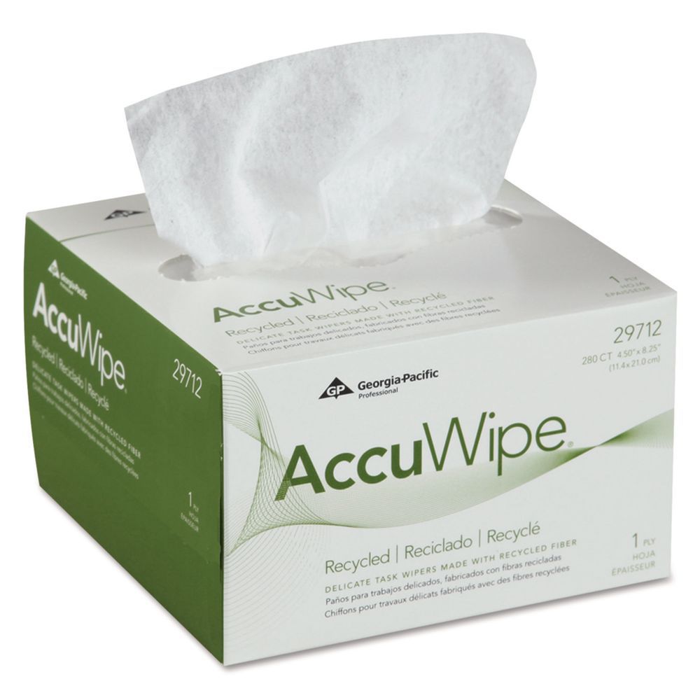 AccuWipe Recycled One-Ply Delicate Task Wipers, 1-Ply, 4.5 x 8.25, Unscented, White, 280/Box AccuWipe Recycled One-Ply Delicate Task Wipers, 1-Ply, 4.5 x 8.25, Unscented, White, 280/Box