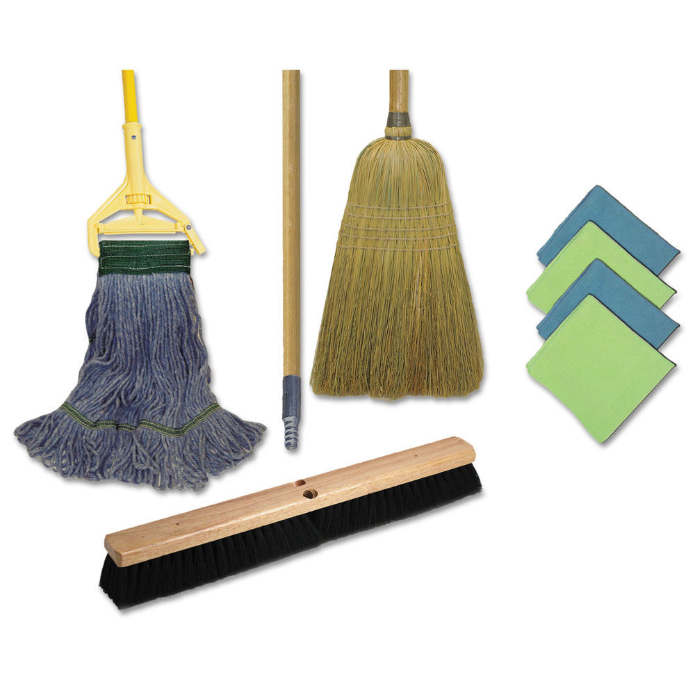 Boardwalk Cleaning Kit, Medium Blue Cotton/rayon/synthetic Head, 60  Natural/yellow Wood/metal Handle - Mfr Part# BWKCLEANKIT