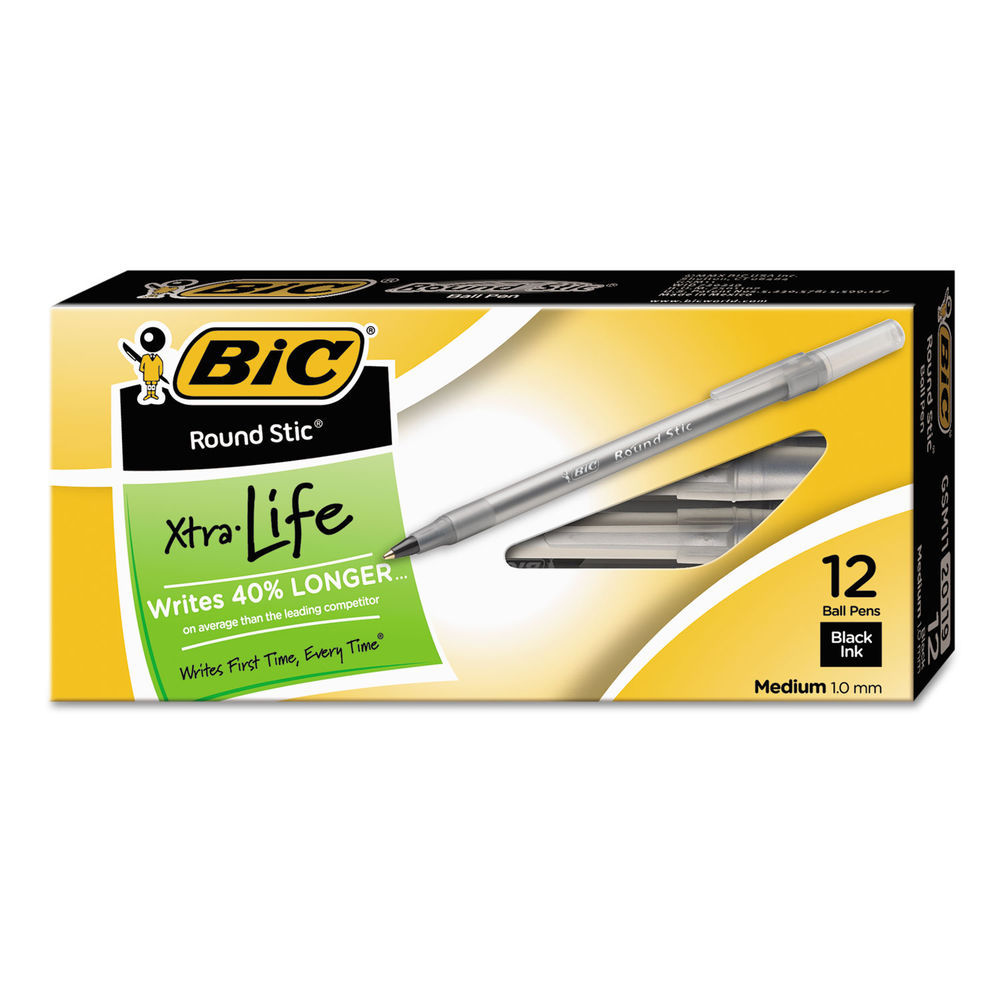 BIC Round Stic Xtra Ballpoint Pen, Stick, Medium Ink, Smoke Barrel, Dozen