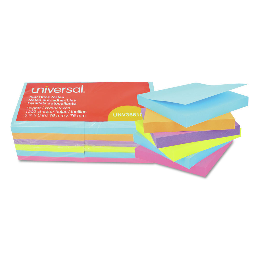 Universal Self-Stick Note Pads, 3 x 3, Assorted Bright Colors, 100  Sheets/Pad, 12 Pads/Pack - Mfr Part# UNV35610