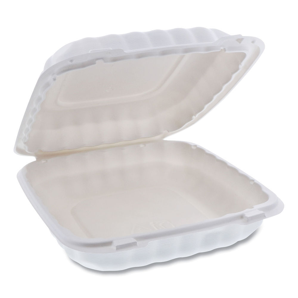 EarthChoice Vented Microwavable MFPP Hinged Lid Container, 2-Compartment, 9  x 6 x 3.1, White, Plastic, 170/Carton