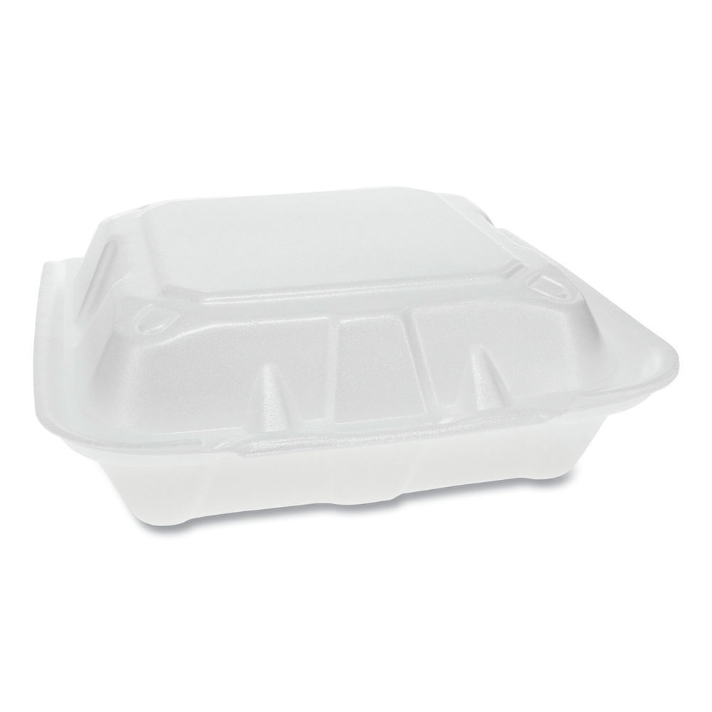 Vented Foam Hinged Lid Container, Dual Tab Lock, 3-Compartment, 8.42 x 8.15 x 3, White, 150/Carton Vented Foam Hinged Lid Container, Dual Tab Lock, 3-Compartment, 8.42 x 8.15 x 3, White, 150/Carton