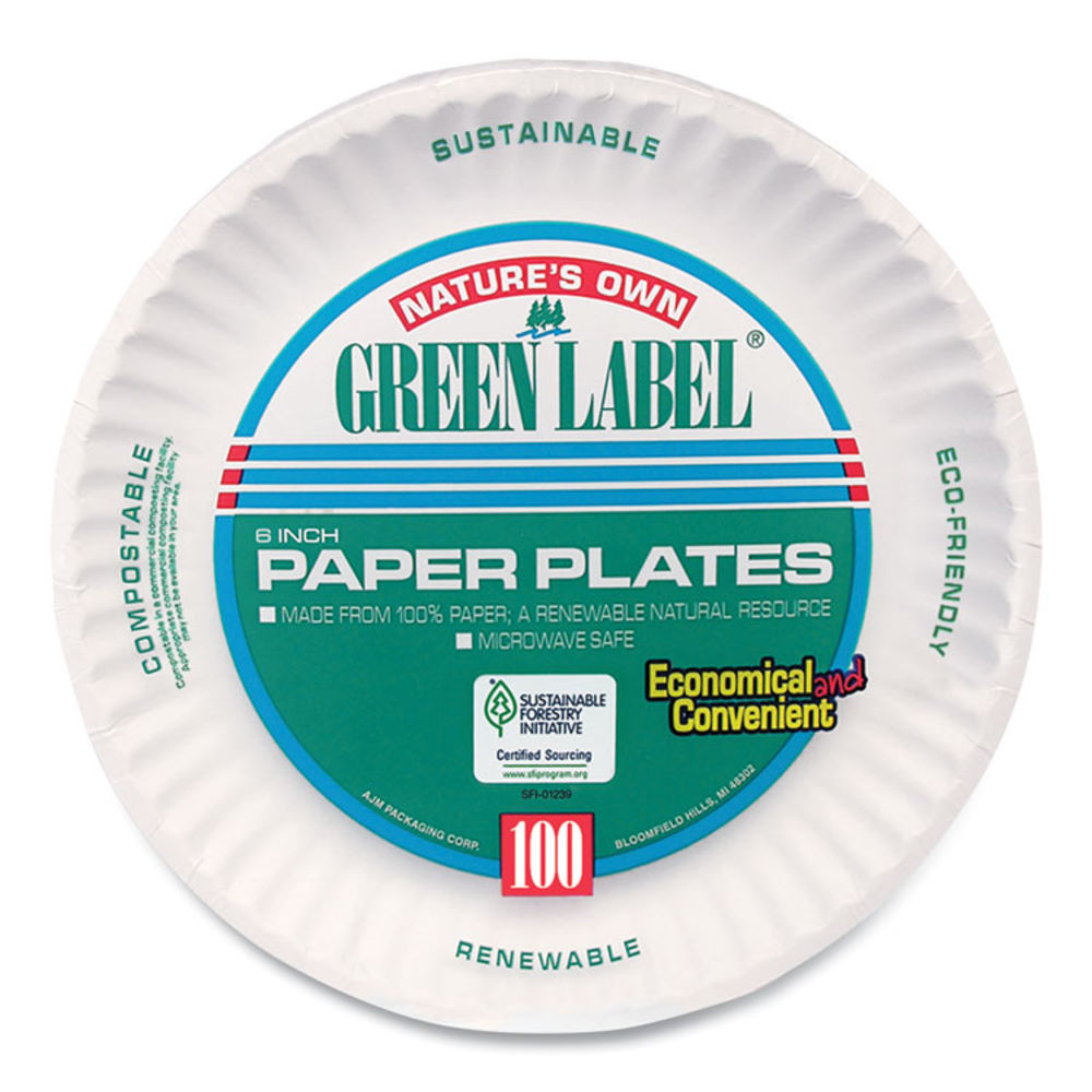 AJM Packaging Corporation Paper Plates, 9 dia, White, 100/Pack