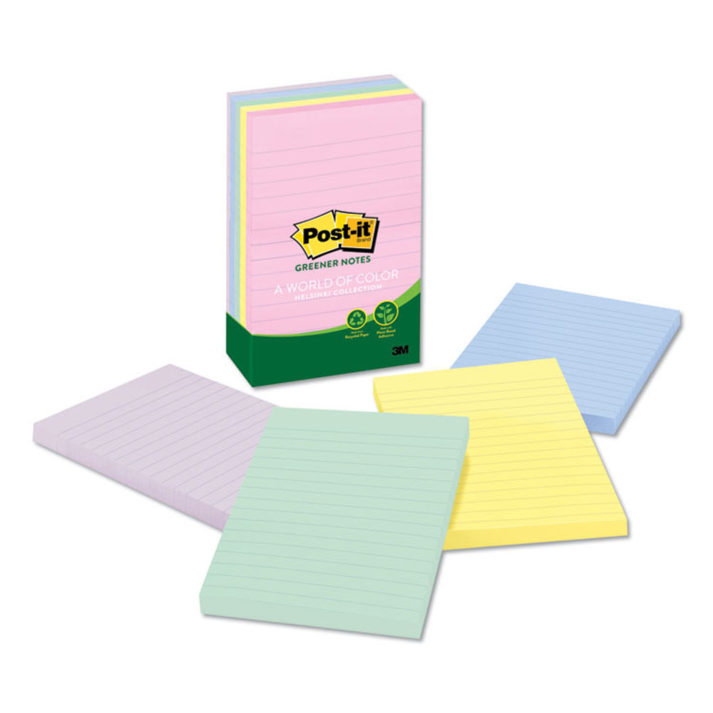 Post-it Greener Notes Recycled Note Pads, Lined, 4 x 6, Assorted Helsinki Colors, 100-Sheet, 5/Pack (MMM660RPA)