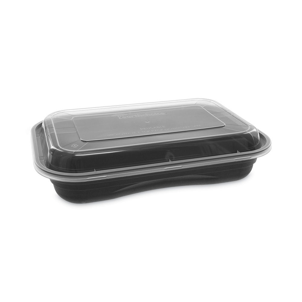 Newspring VERSAtainer Microwavable Containers, Rectangular, 2-Compartment,  30 oz, 6 x 8.5 x 2.5, Black/Clear, Plastic, 150/CT