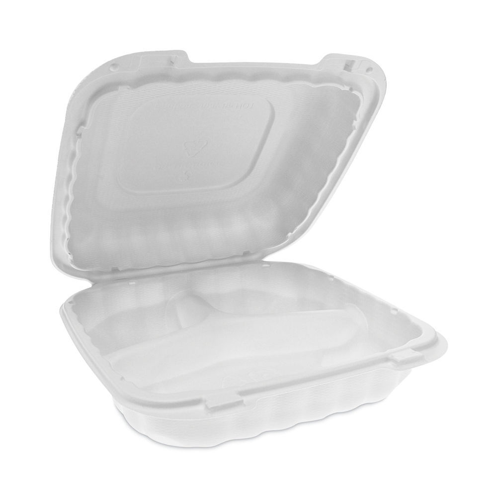 EarthChoice Vented Microwavable MFPP Hinged Lid Container, 2-Compartment, 9  x 6 x 3.1, White, Plastic, 170/Carton