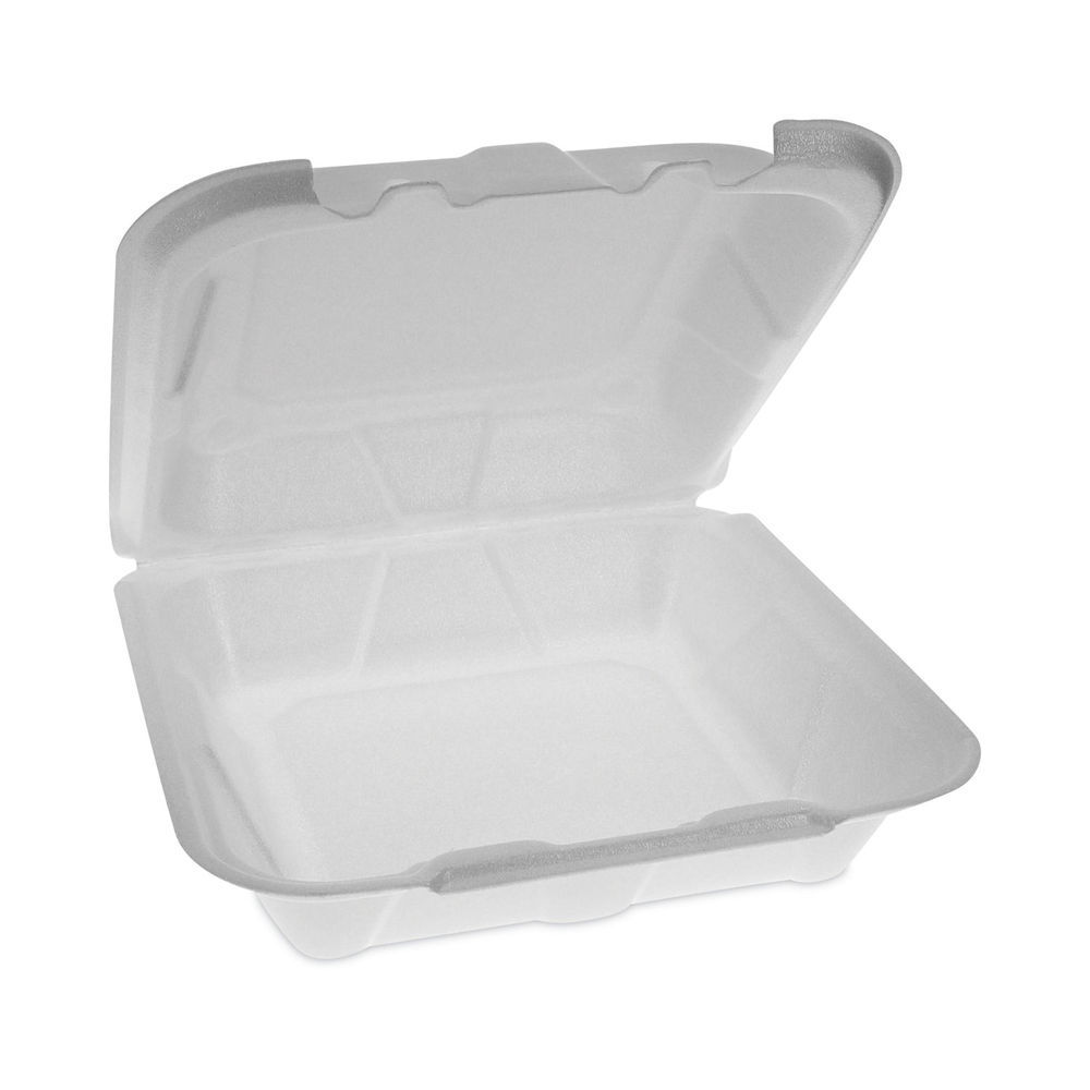 Pactiv Foam Hinged Lid Containers, Single Tab Lock #205 Utility, 9.19 x 6.5 x 2.75, White, 150/Carton