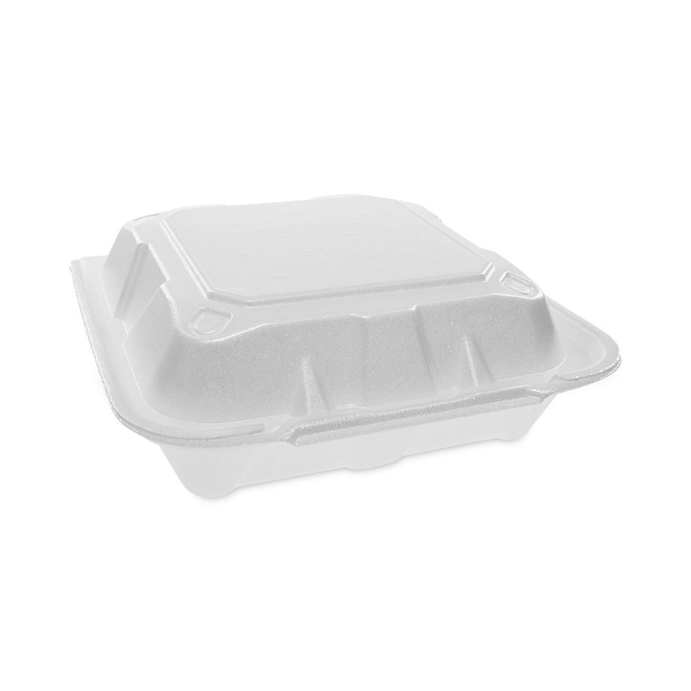 Pactiv Foam Hinged Lid Containers, Single Tab Lock #205 Utility, 9.19 x 6.5 x 2.75, White, 150/Carton